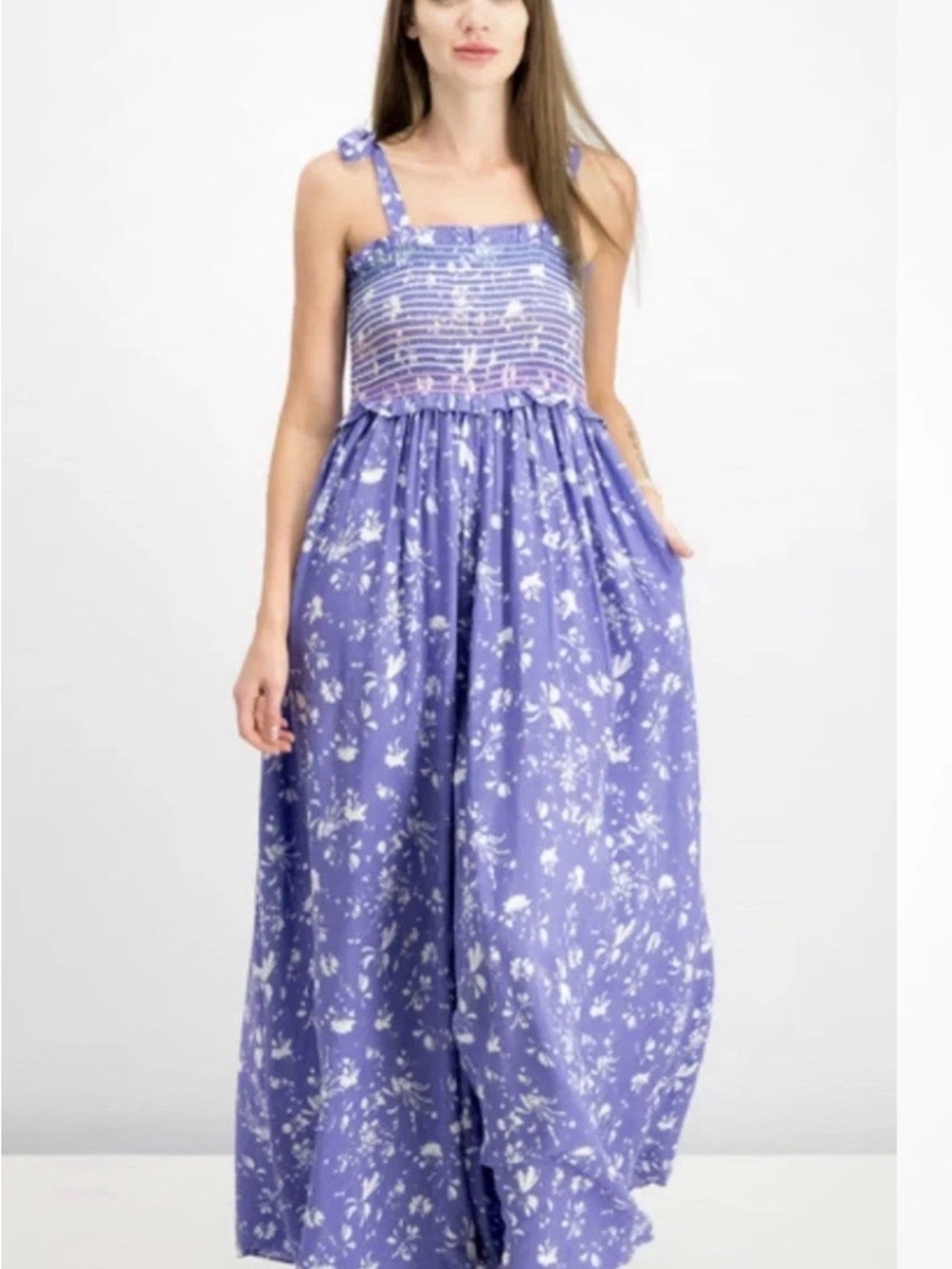We The Free Lavender Floral Smocked Tie-Strap Wide-Leg Jumpsuit - Picture 2 of 8